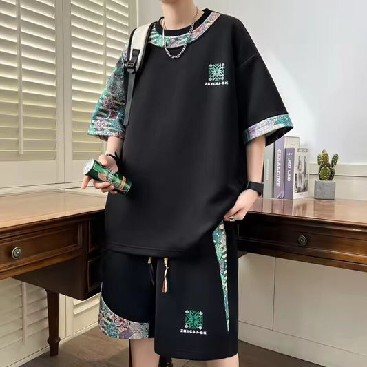 2025 Men's New Waffle Summer Suit Casual Vintage T-shirt + Shorts Korean Two Piece Set Comfortable Breathable Sweatsuit Set Men