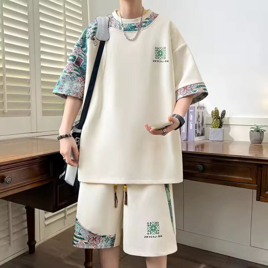 2025 Men's New Waffle Summer Suit Casual Vintage T-shirt + Shorts Korean Two Piece Set Comfortable Breathable Sweatsuit Set Men